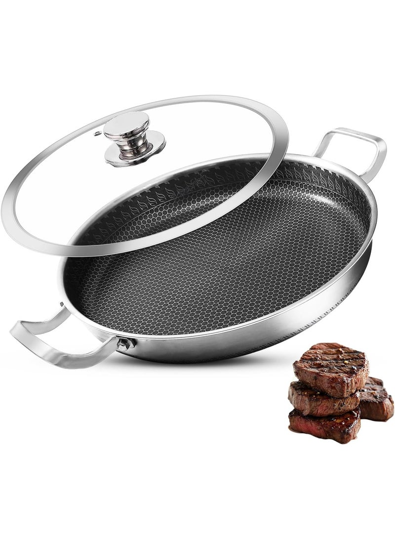 Arabest Stainless Steel Paella Pan, 34CM Paella Pan with Lid, Tri-Ply Nonstick Large Honeycomb Skillet, Stainless Steel Cookware, Induction Pan, Skillets for Outdoors, Camping, Parties, Cooking Pot - Image 1
